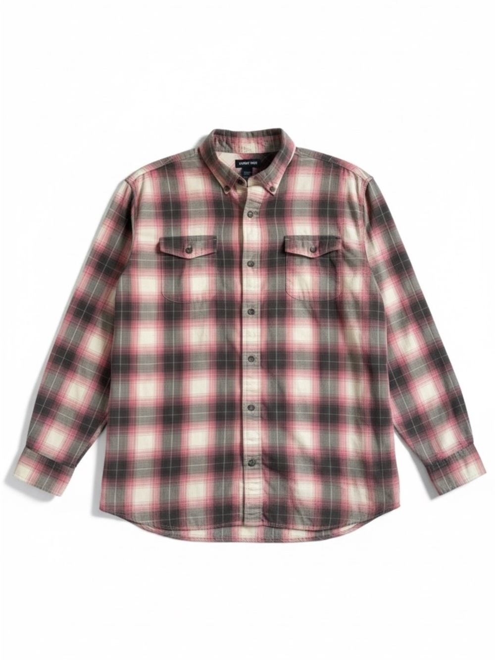Lands’ End Brushed Plaid Flannel Button Down Shirt Classic Fit Pink Gray XL